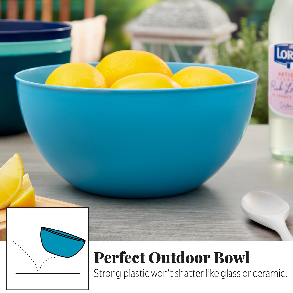 US Acrylic Vista aqua-teal-seafoam bowls ready for table display and outdoor dining.