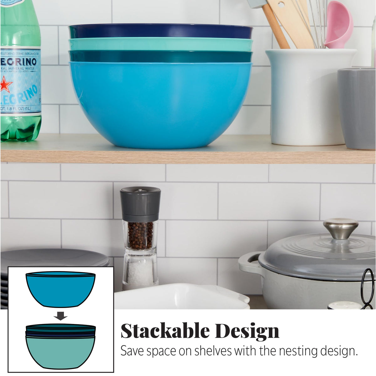 US Acrylic Vista bowls stacked, showing space-saving and dishwasher-safe feature.