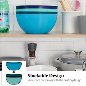 US Acrylic Vista bowls stacked, showing space-saving and dishwasher-safe feature.