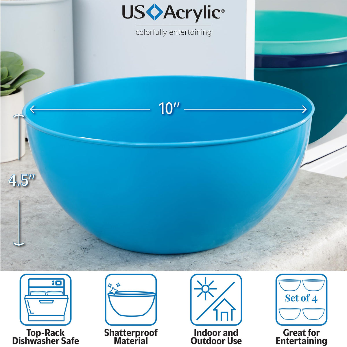 US Acrylic Vista serving bowls on table for versatile salads and appetizers.