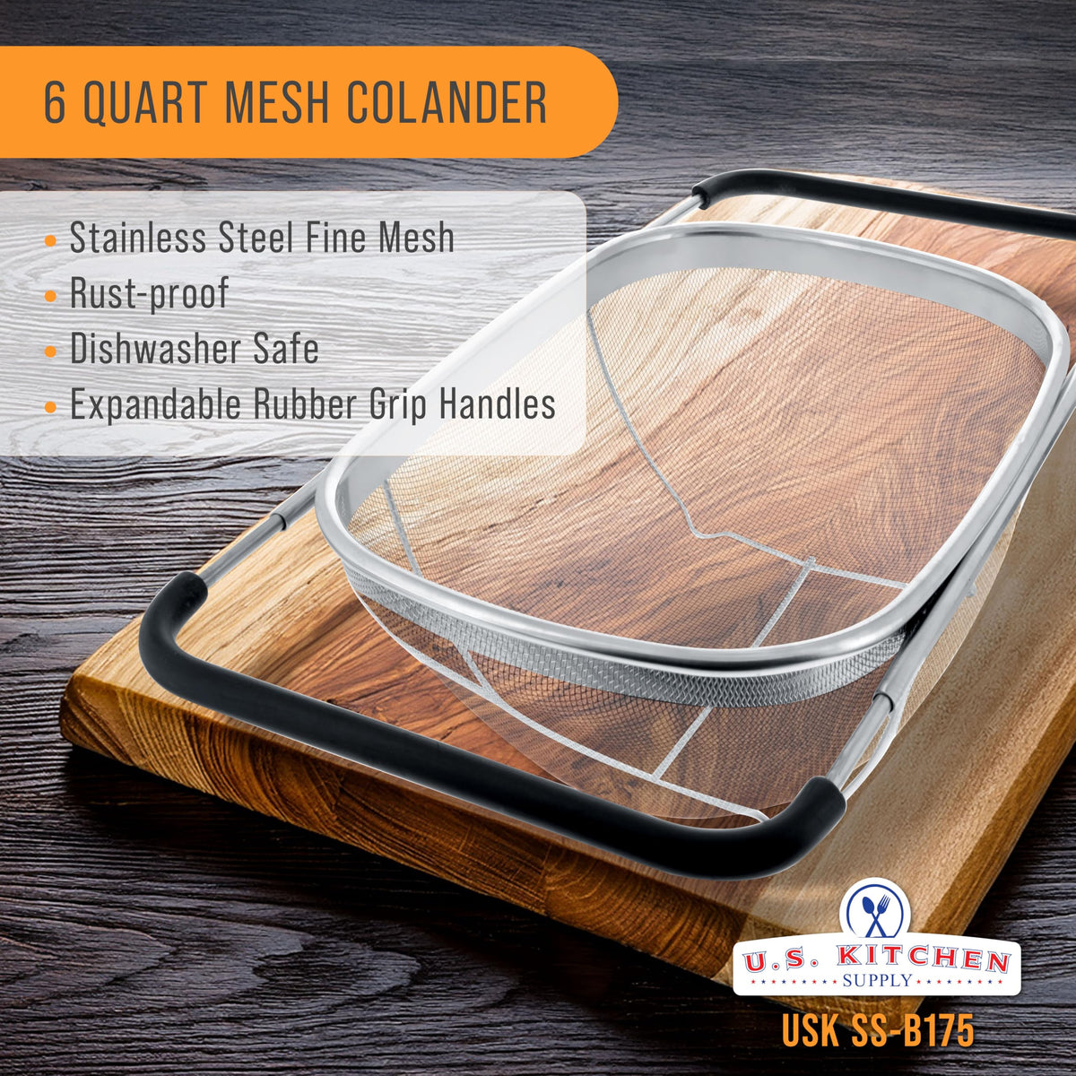 US Kitchen Supply extendable rubber handles enable easy over-sink draining.
