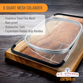 US Kitchen Supply extendable rubber handles enable easy over-sink draining.