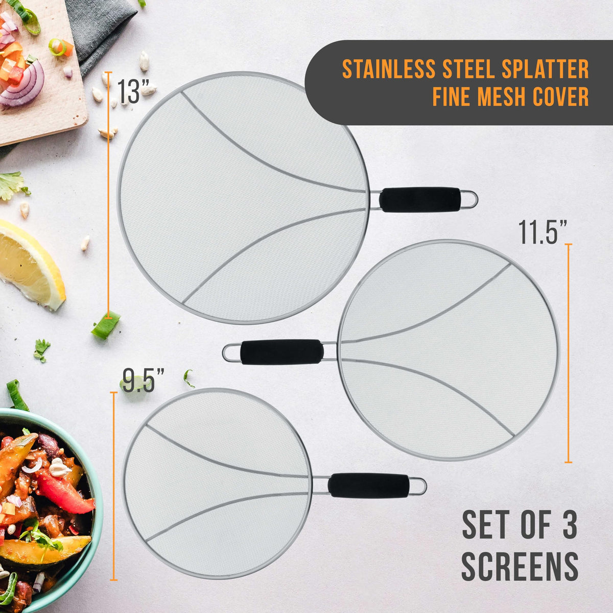 U.S. Kitchen Supply 11-5-inch guard shields pan contents and reduces splatter.