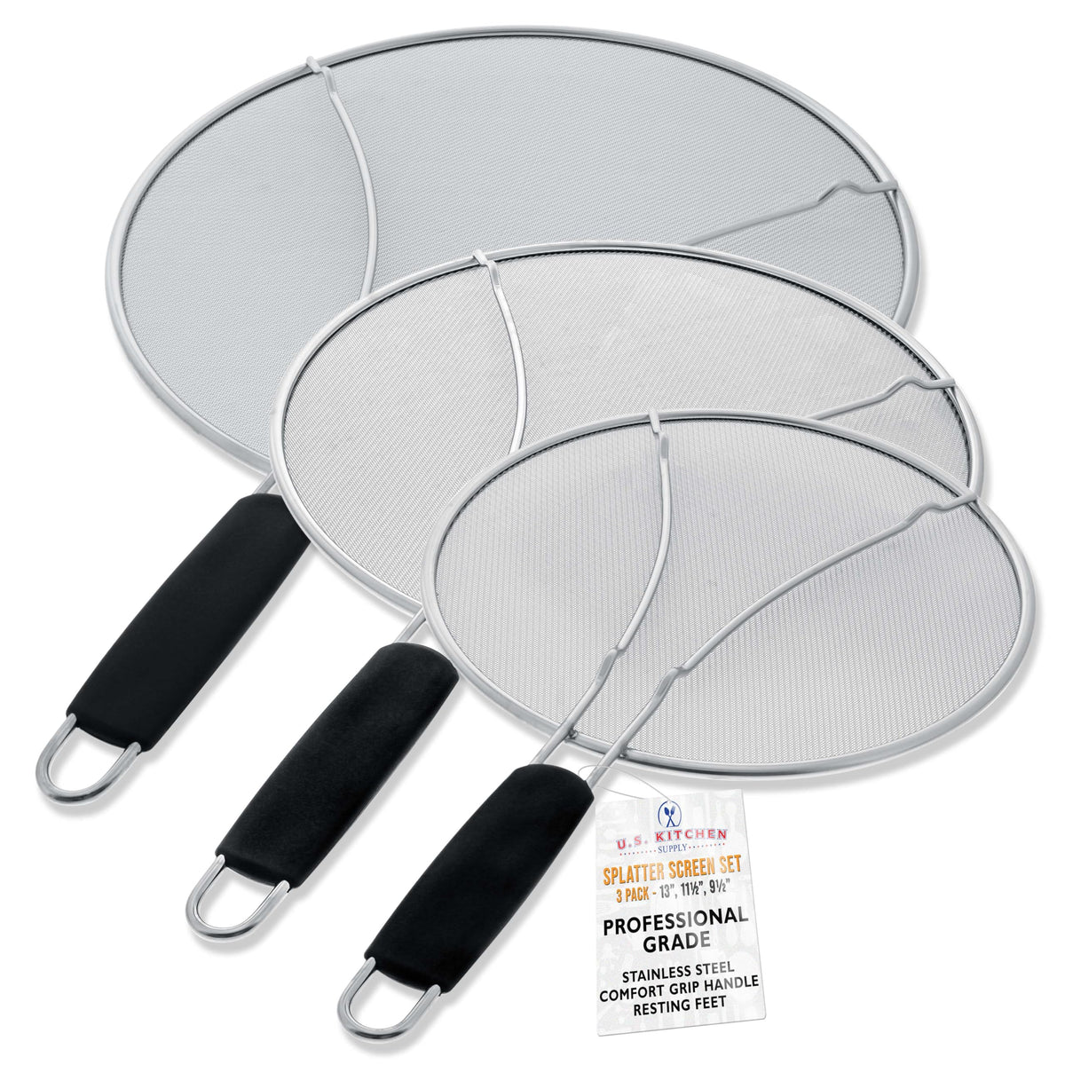 U.S. Kitchen Supply 13-inch splatter guard blocks grease while venting steam on a skillet.