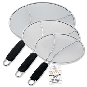 U.S. Kitchen Supply 13-inch splatter guard blocks grease while venting steam on a skillet.