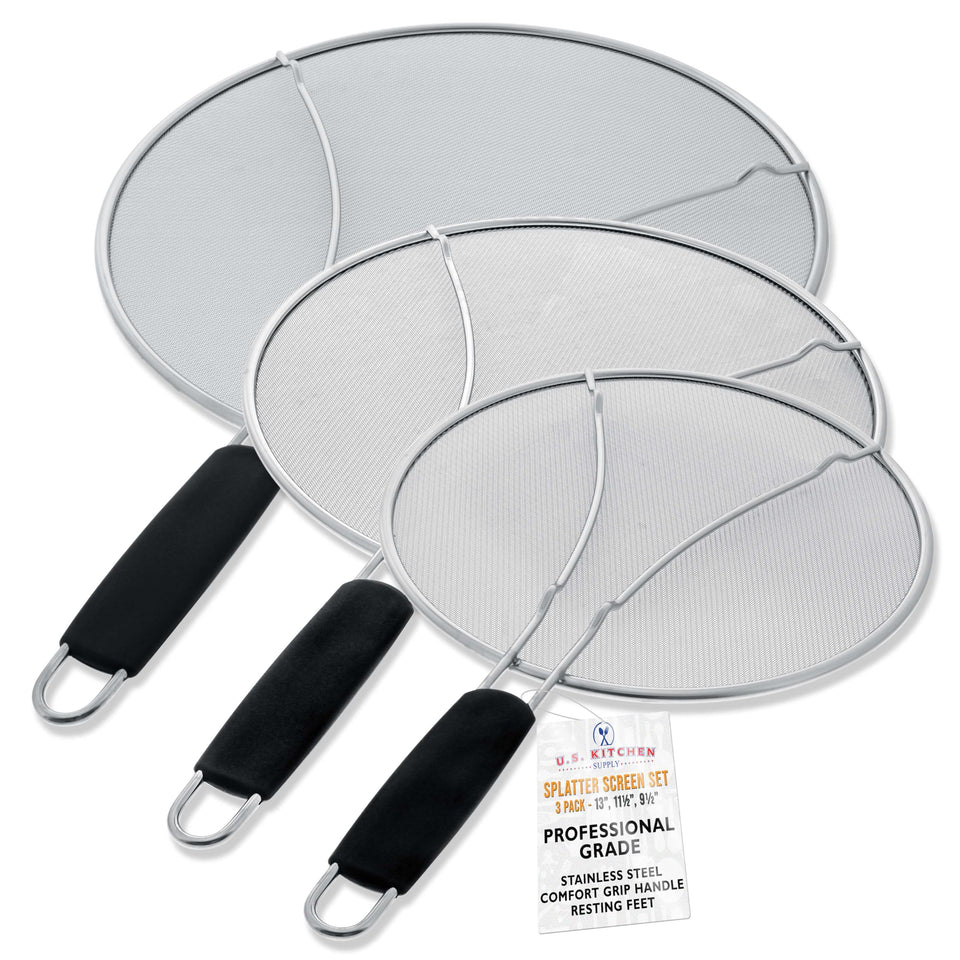 U.S. Kitchen Supply 13-inch splatter guard blocks grease while venting steam on a skillet.