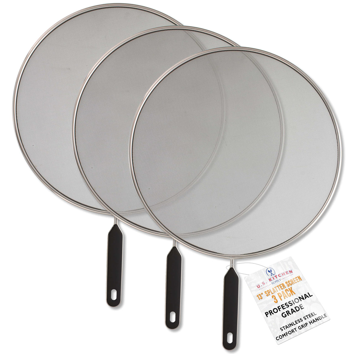 US Kitchen Supply 13in splatter guard set blocks grease while cooking.