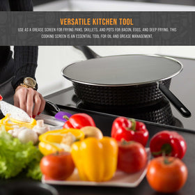 U.S. Kitchen Supply comfort-handled splatter screen stays steady.