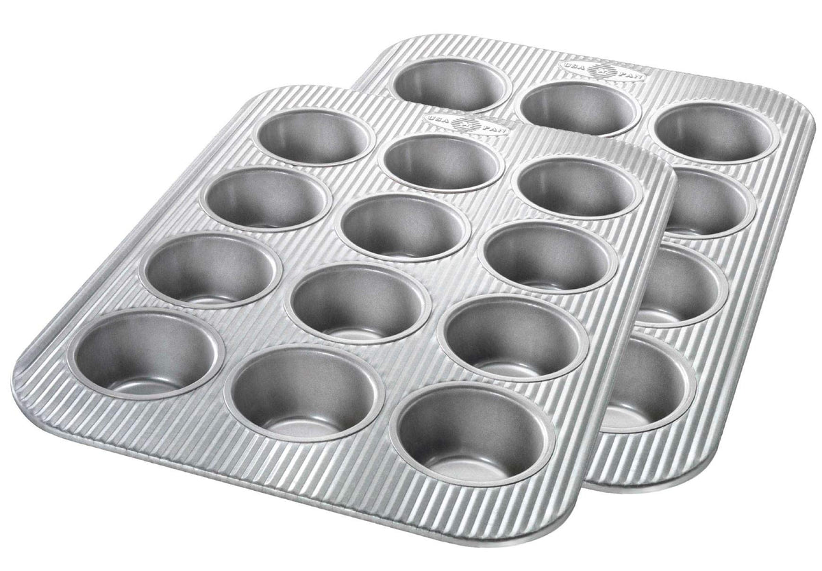 USA Pan 12-cup muffin pan set, top view, ideal for batch baking