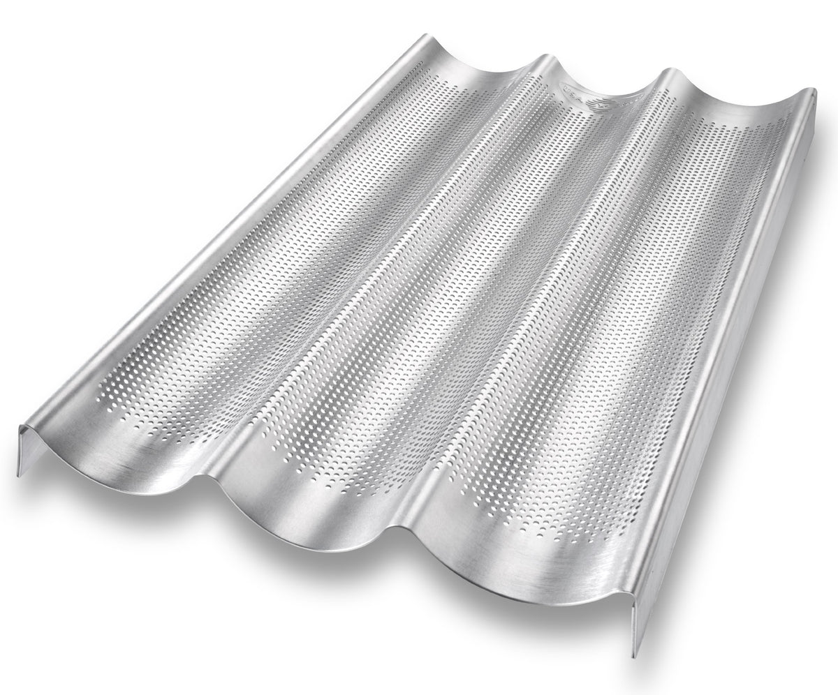 USA Pan baguette pan front view showing three 16-inch wells for uniform loaves