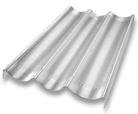 USA Pan baguette pan front view showing three 16-inch wells for uniform loaves