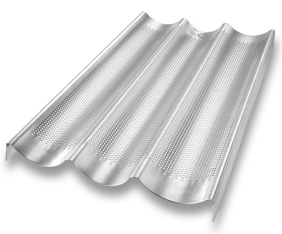 USA Pan baguette pan front view showing three 16-inch wells for uniform loaves