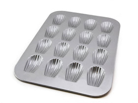 USA Pan 16-well Madeleine pan ensures even heat for uniform shells.