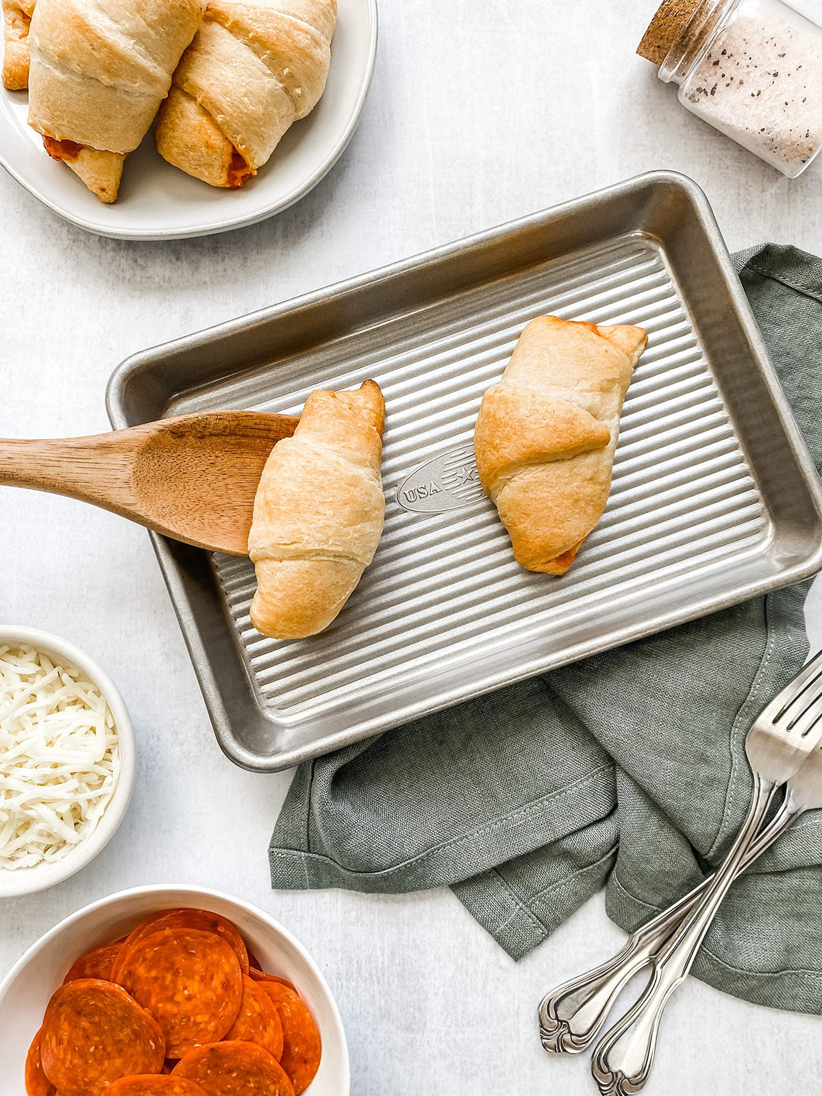 USA Pan mini sheet pan corrugated surface detail improves air circulation.