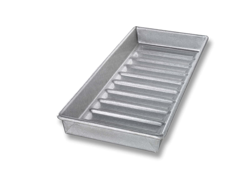 USA Pan New England hot dog bun pan front view with rolled edges for easy handling.