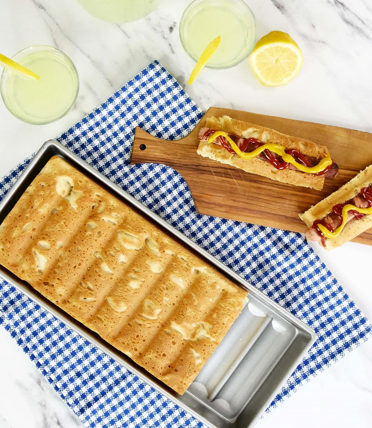 USA Pan New England hot dog bun pan inner Americoat nonstick coating for release.