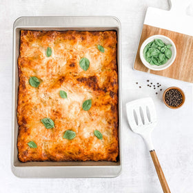 Closeup of the fluted nonstick surface on the USA Pan lasagna pan