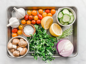 USA Pan quarter sheet pan, angled shot, durable aluminized steel construction.
