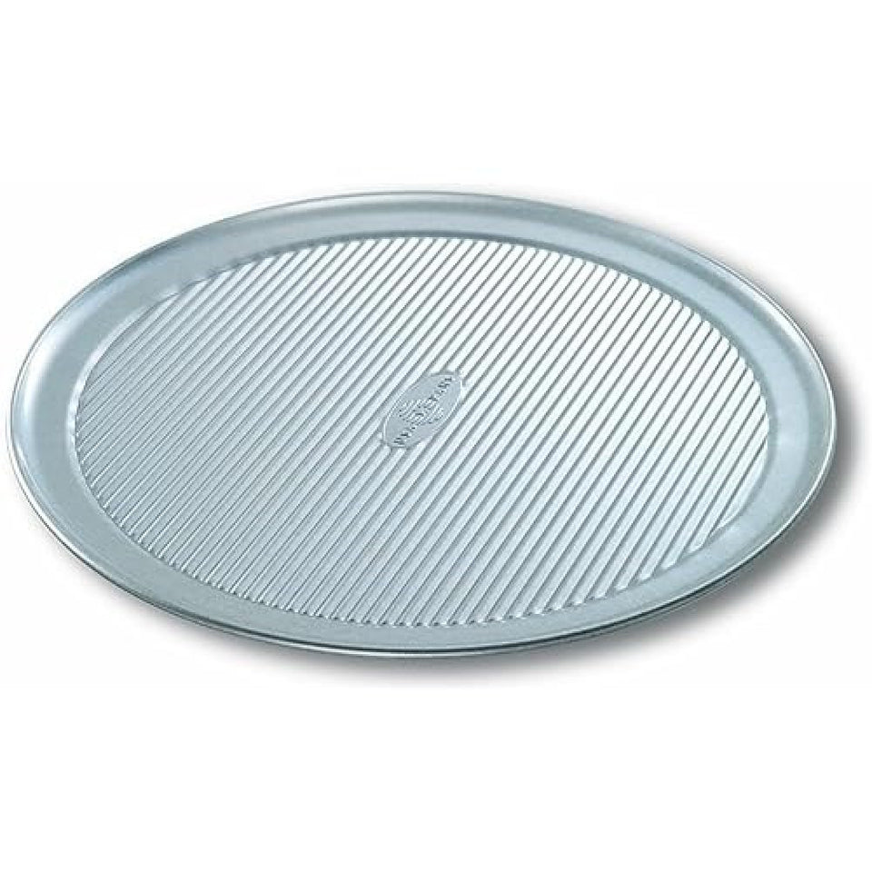 USA Pan 14-inch pizza pan front view with corrugated surface for even baking