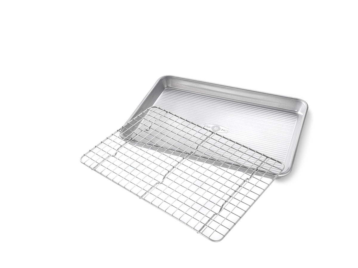 USA Pan cooling rack shown with pan for uniform cooling.