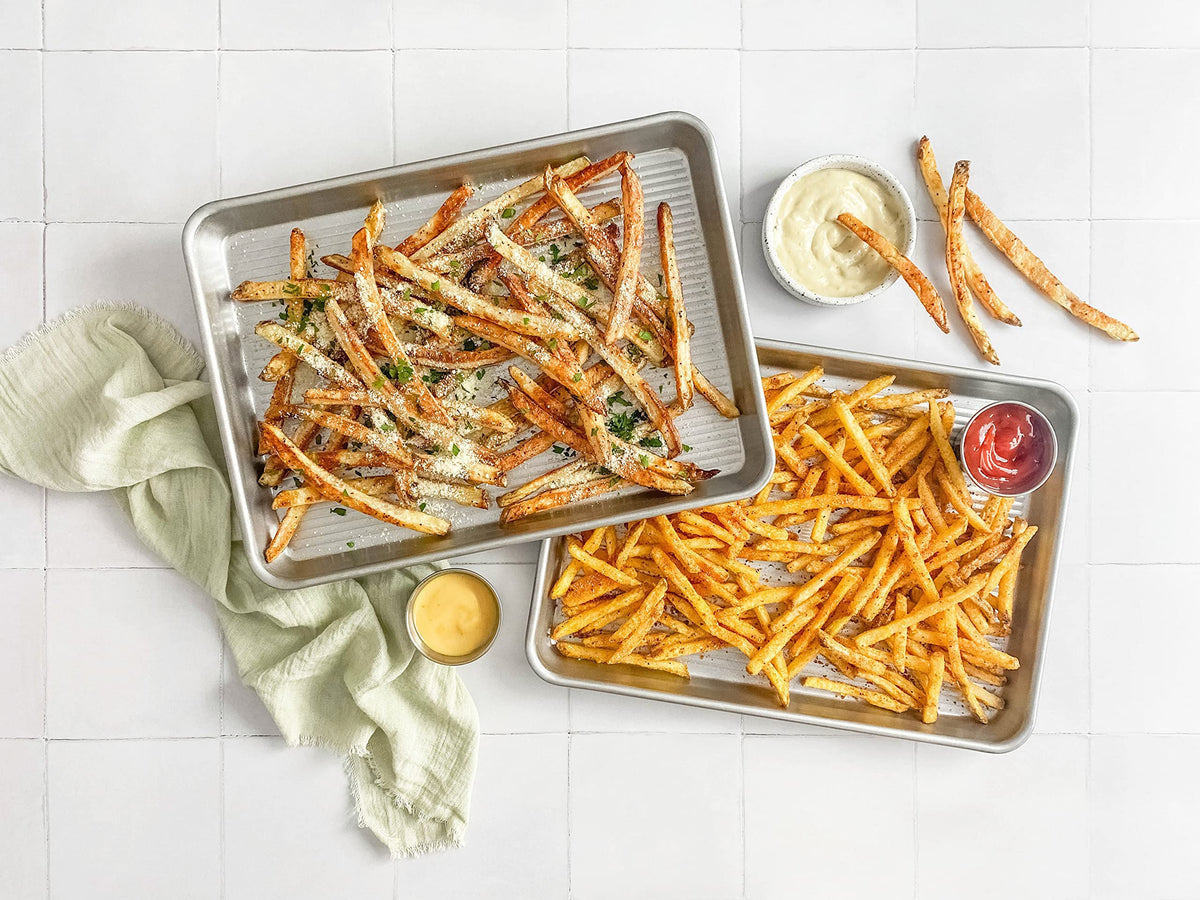 USA Pan sheet pan in use, roasting vegetables on the 13 x 9.5 inch surface.