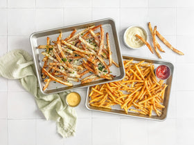 USA Pan sheet pan in use, roasting vegetables on the 13 x 9.5 inch surface.