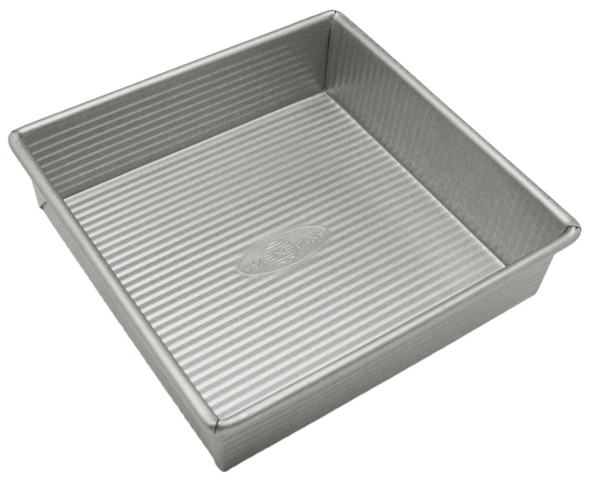 USA Pan square 8-inch nonstick cake pan for easy release and even browning.