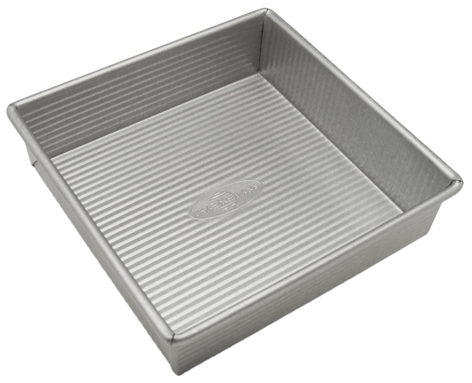 USA Pan square 8-inch nonstick cake pan for easy release and even browning.