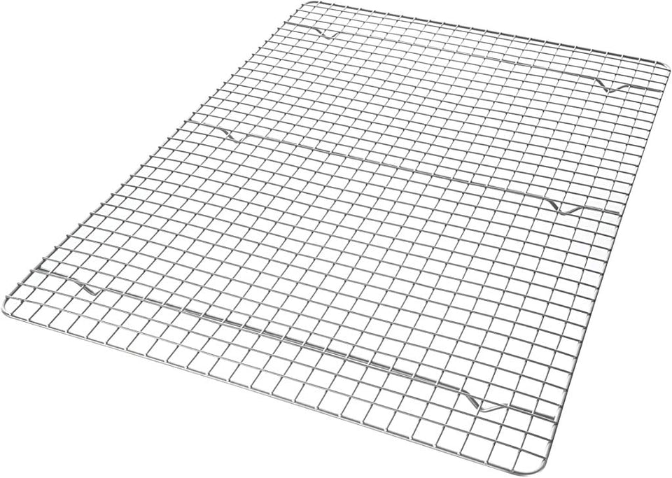 USA Pan X-Large cooling rack in stainless, top view, for even cooling of cookies.