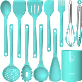 USECANO teal silicone utensils flatlay showing the full 10-piece set for versatile cooking