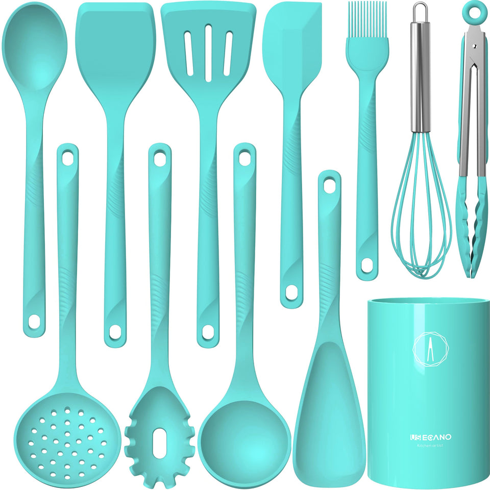 USECANO teal silicone utensils flatlay showing the full 10-piece set for versatile cooking