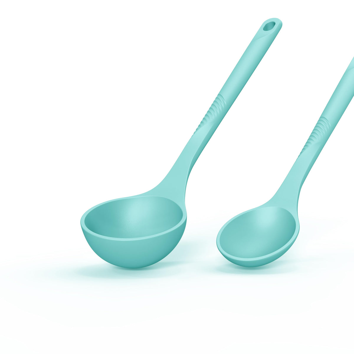 USECANO teal spoonula demonstrates nonstick safe silicone protecting cookware