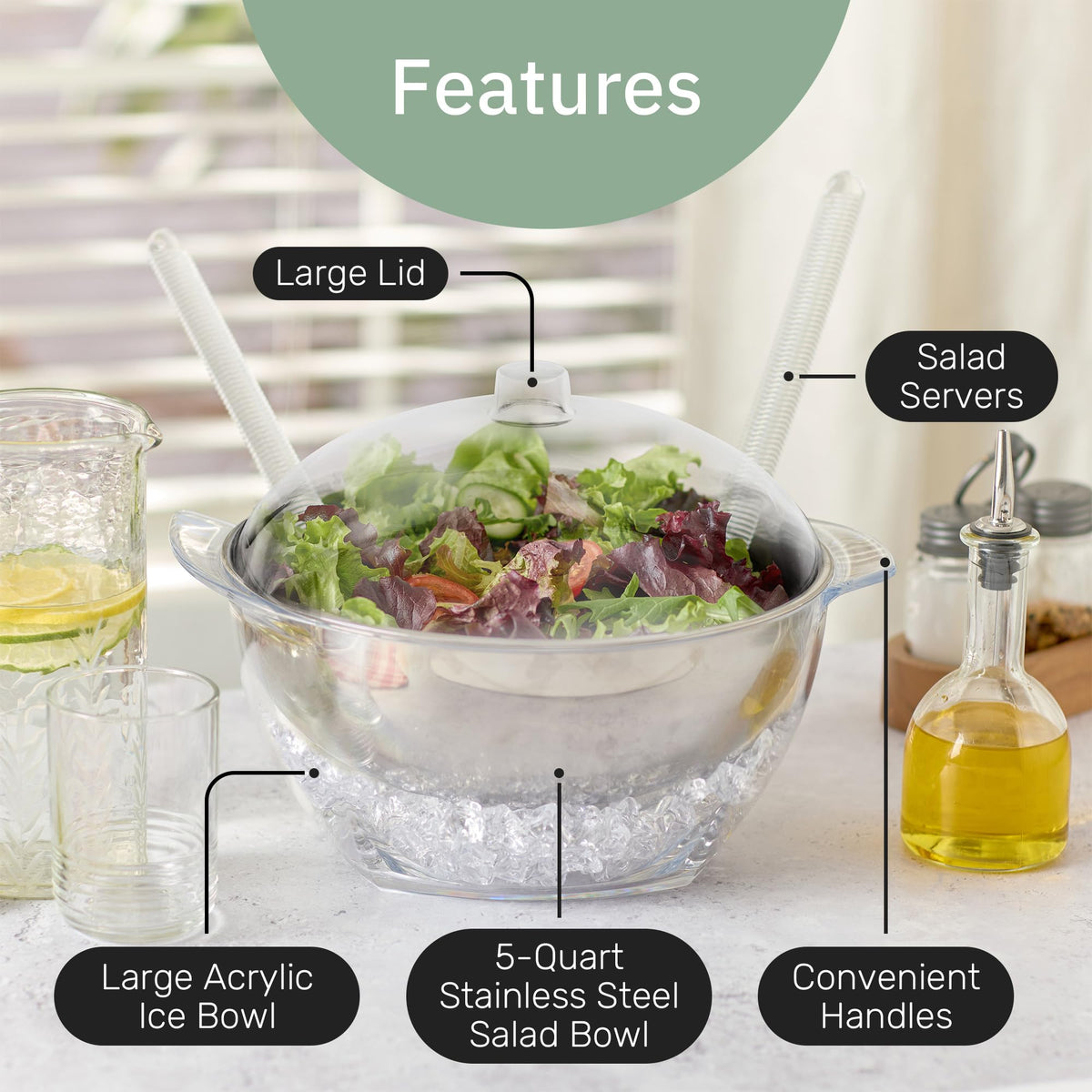 Useful Co. outer clear acrylic bowl with ice compartment preserves freshness.