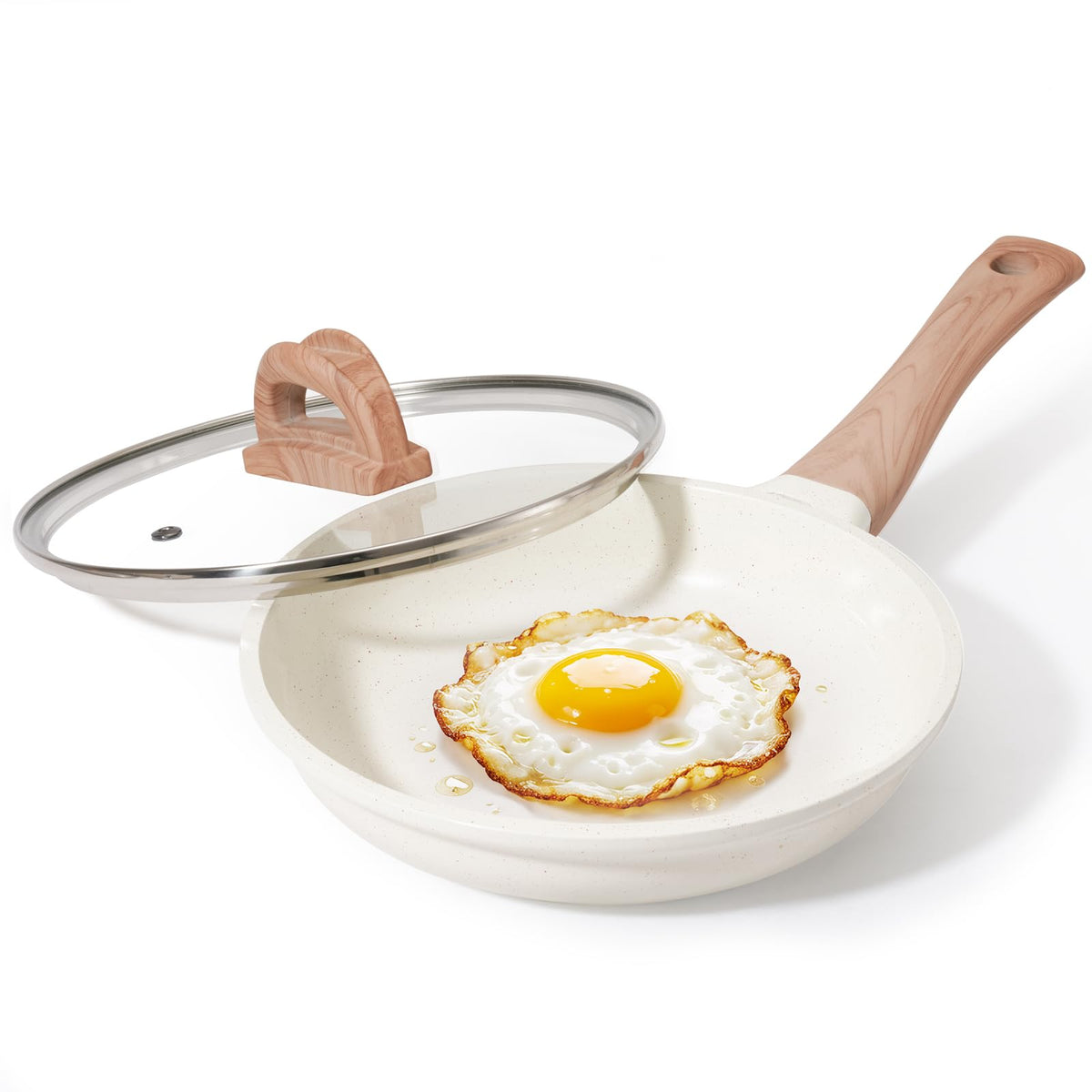 USELUCK 8-inch ceramic nonstick frying pan with lid, perfect for quick eggs and breakfast.