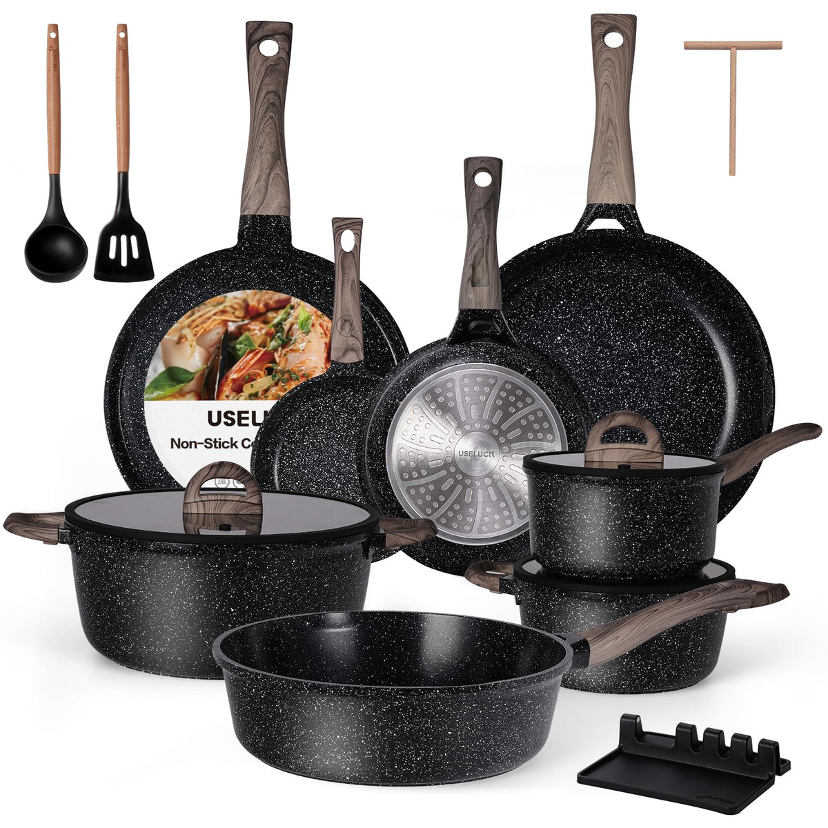 USELUCK ceramic cookware set 6.3-inch frying pan with lid for even searing
