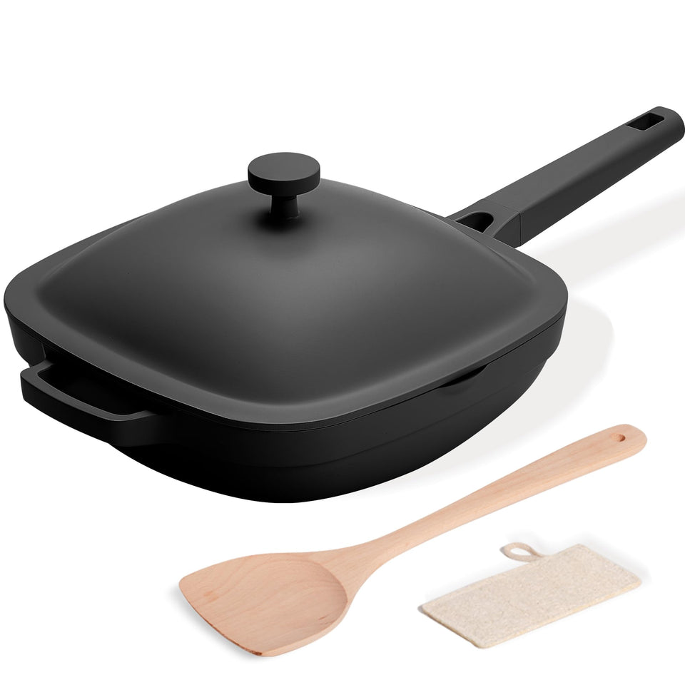 USELUCK Pix Pan square cooking surface optimizes space for versatile searing and sautéing.