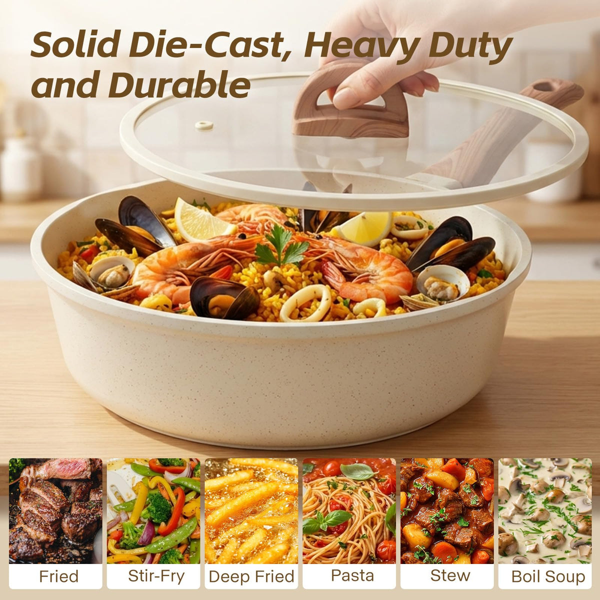 Rivet-free interior of USELUCK pan enables quick, easy cleaning