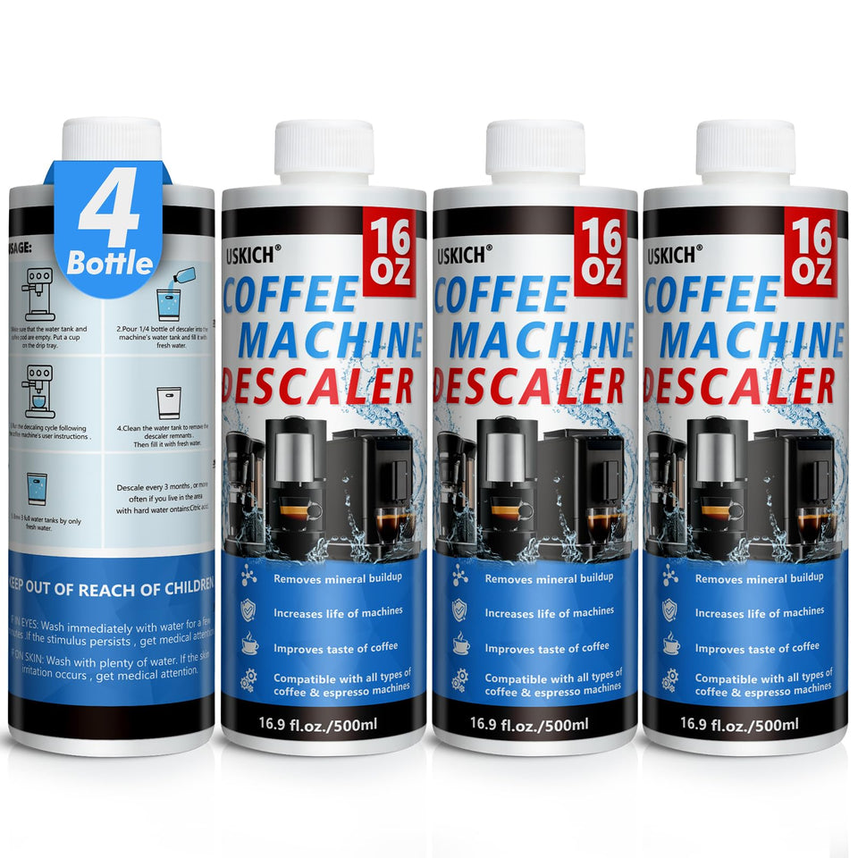 USKICH descaler 4-pack bottle pour for quick descaling and fresher coffee.