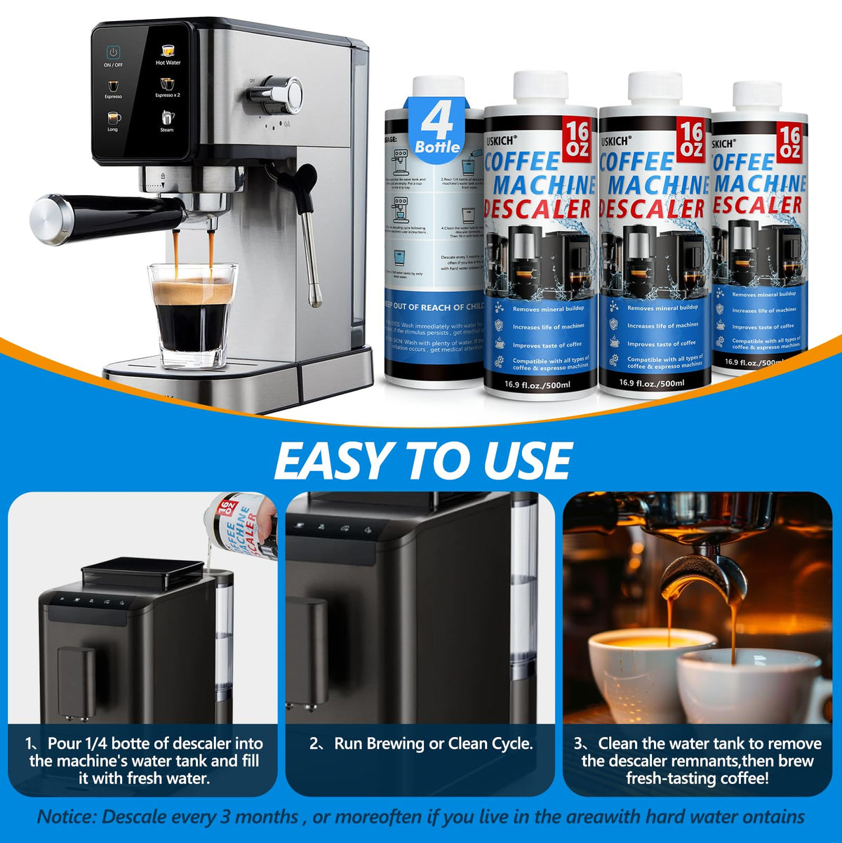 USKICH descaler packaging box communicates value with four bottles for long-term use.
