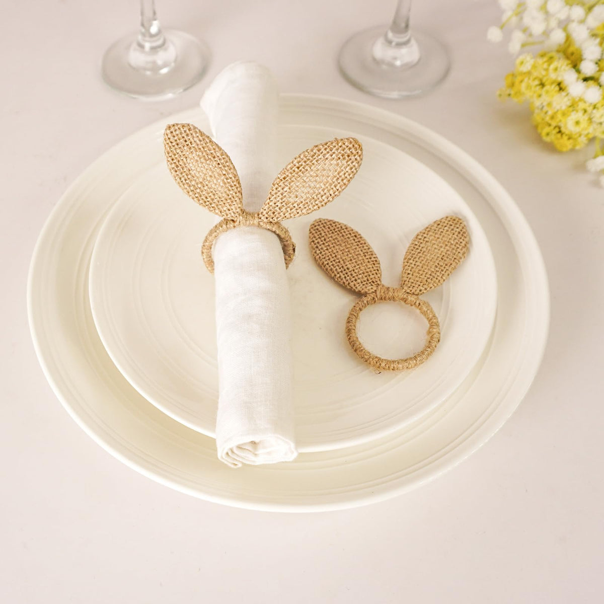 Utalek burlap napkin ring close-up showing natural texture and bunny-ear design