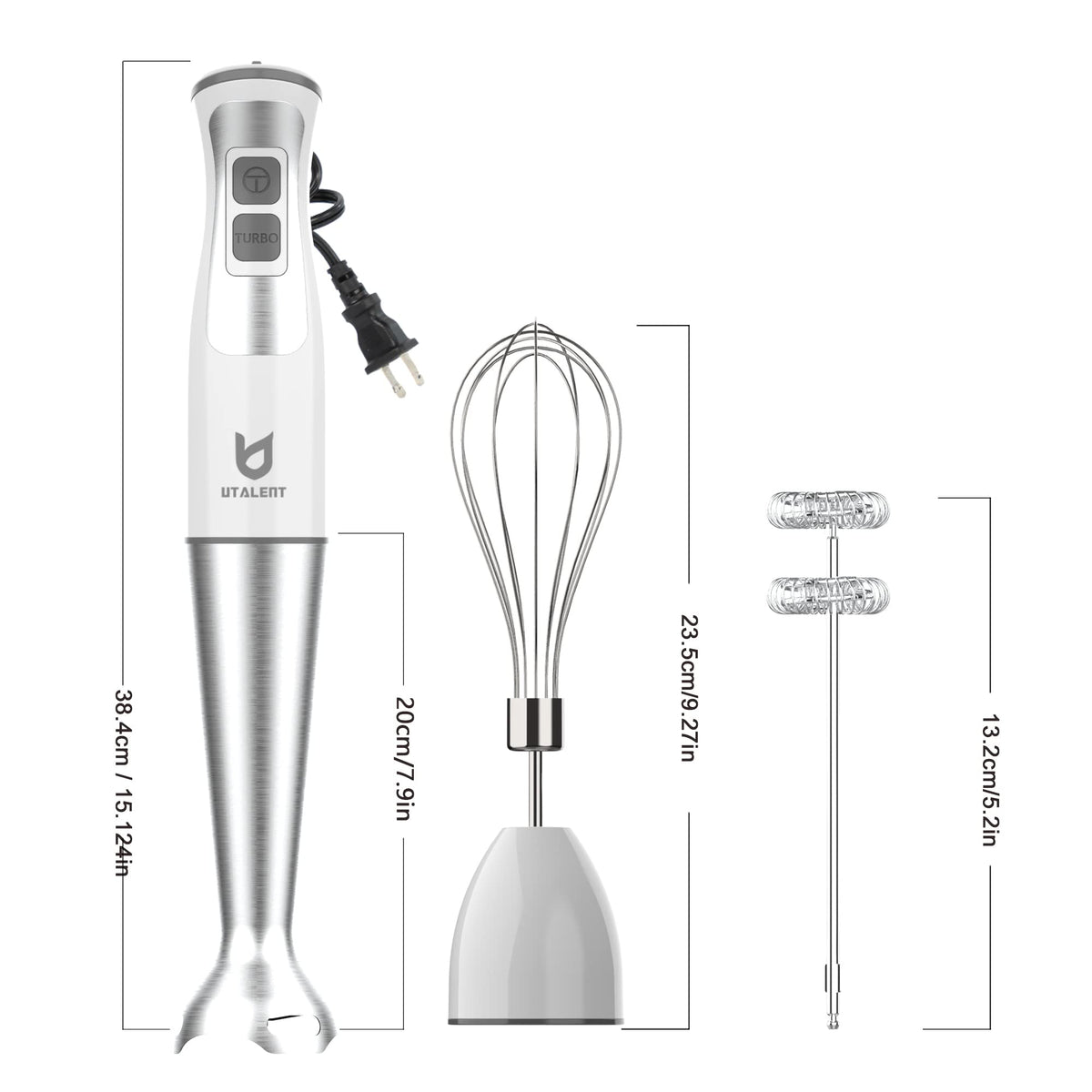 UTALENT multifunction immersion blender combines blending, frothing, and whisking in one unit.