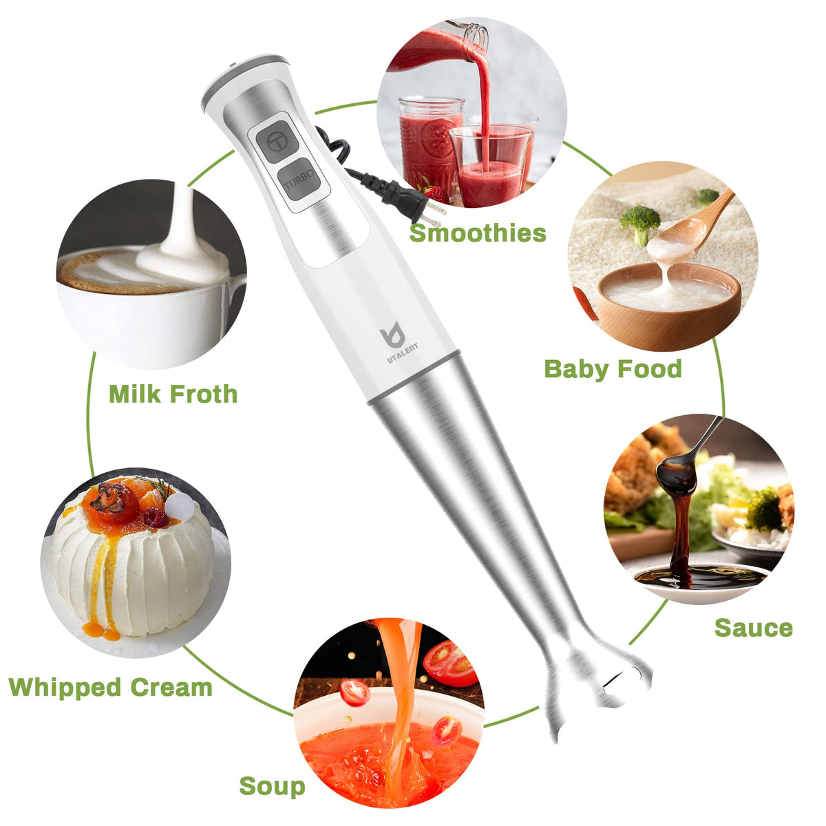 UTALENT stainless steel wand with 4 blades delivers even blending.