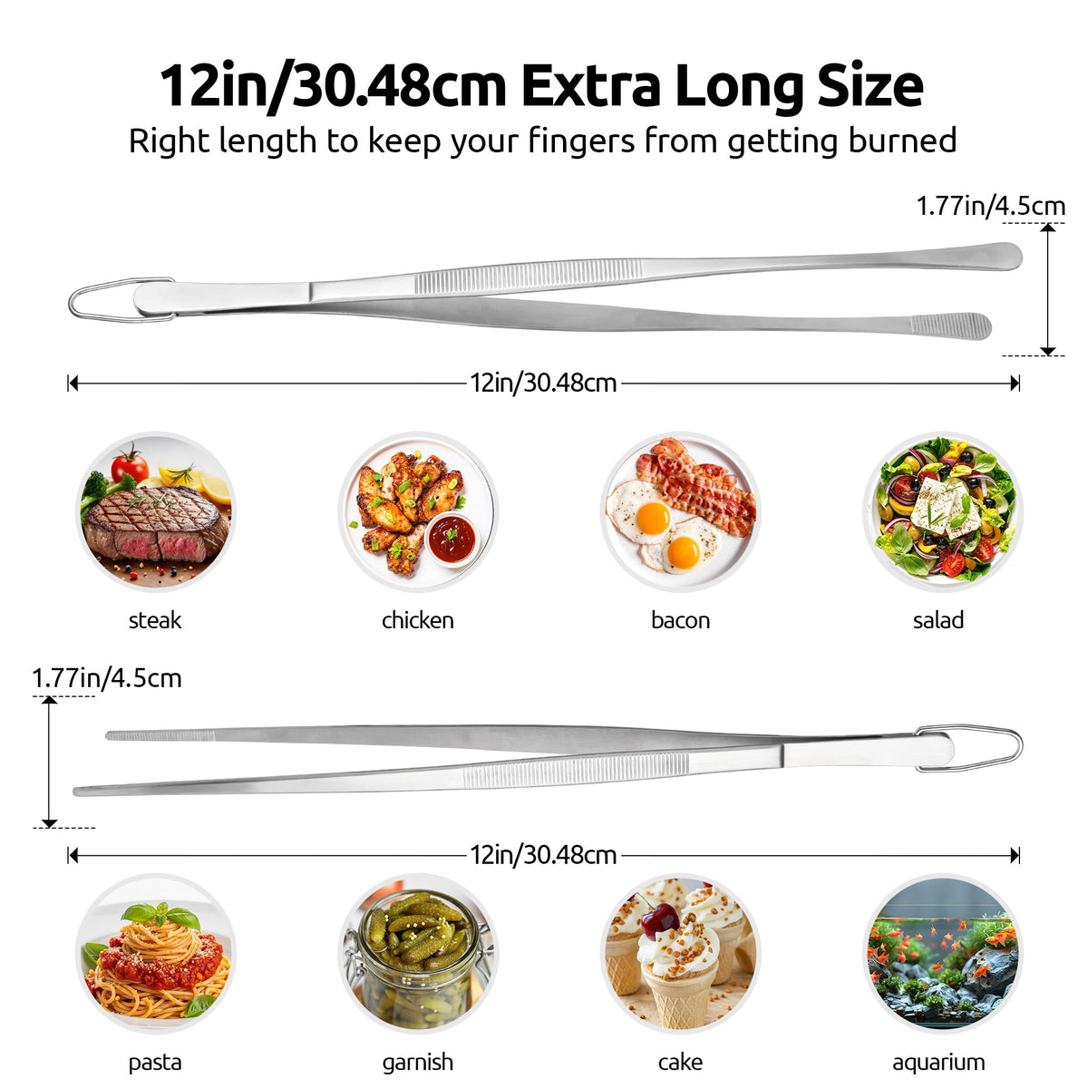 U-Taste 12-inch pointed-tip tweezers for secure grip on herbs and small ingredients.