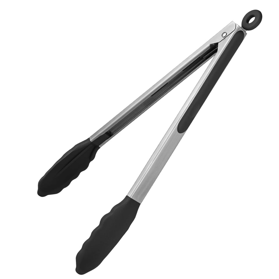 U-Taste 12-inch heat resistant tongs designed for safe flipping on high-heat grills.