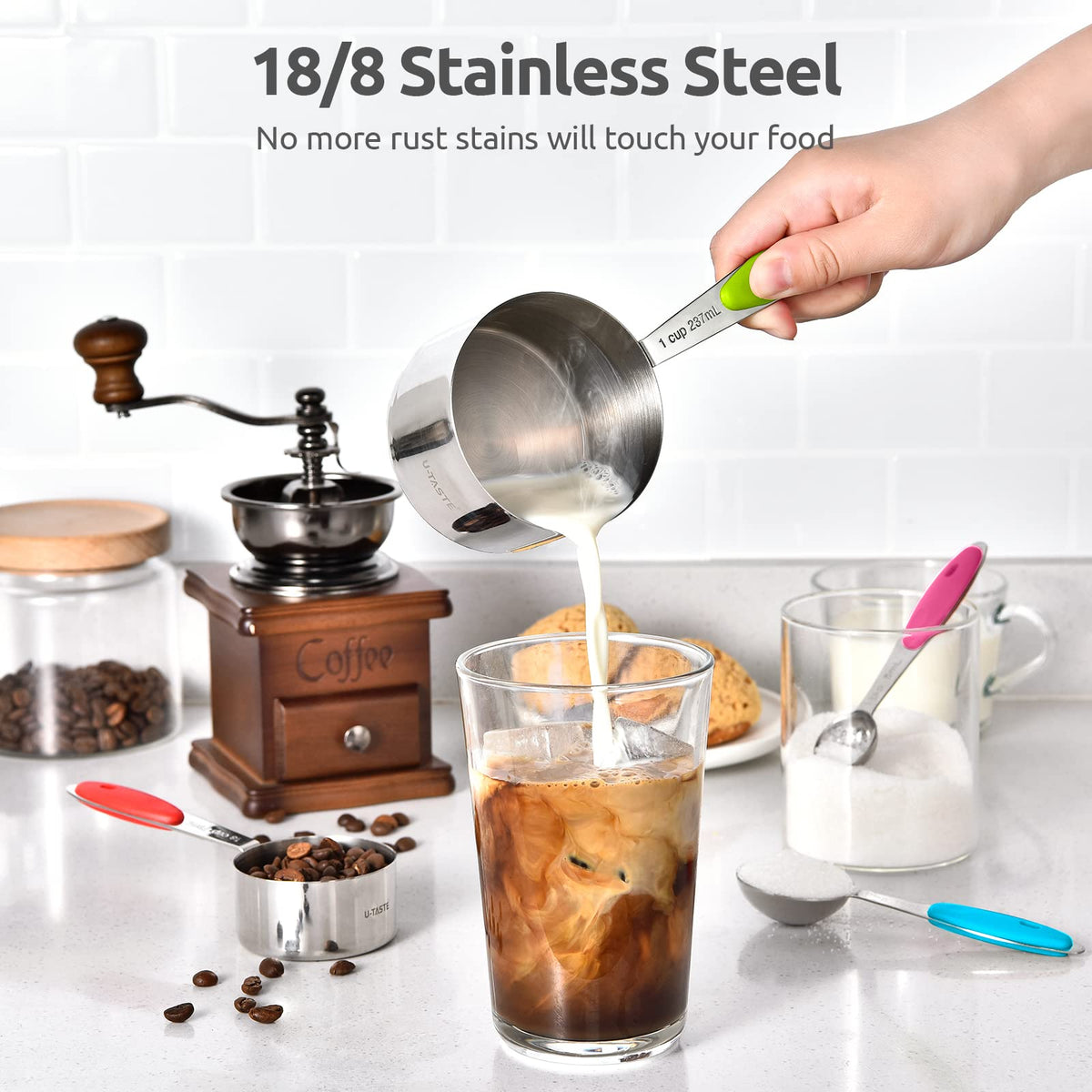 U-Taste 18/8 stainless steel cups resist rust for long-lasting use.