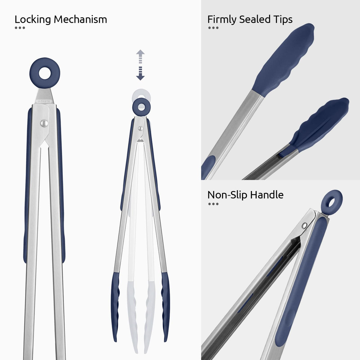 U-Taste ergonomic locking system keeps tongs securely closed for storage.