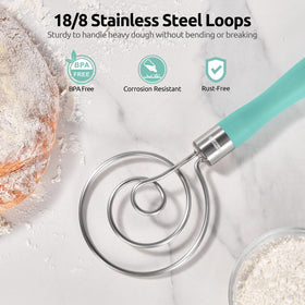 U-Taste silicone handle on dough whisk offers non-slip grip.