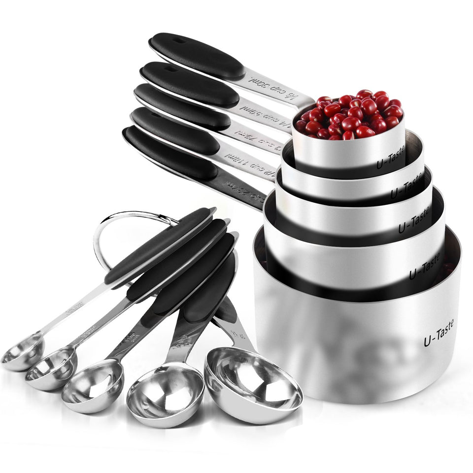 U-Taste measuring cups 10-piece set with precise ml and cup markings.