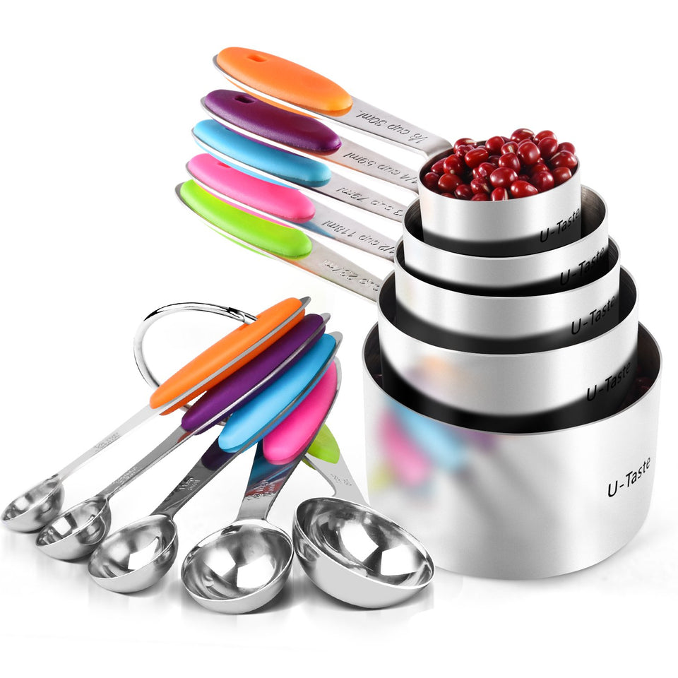 U-Taste measuring cups multicolor set on counter for easy kitchen organization.