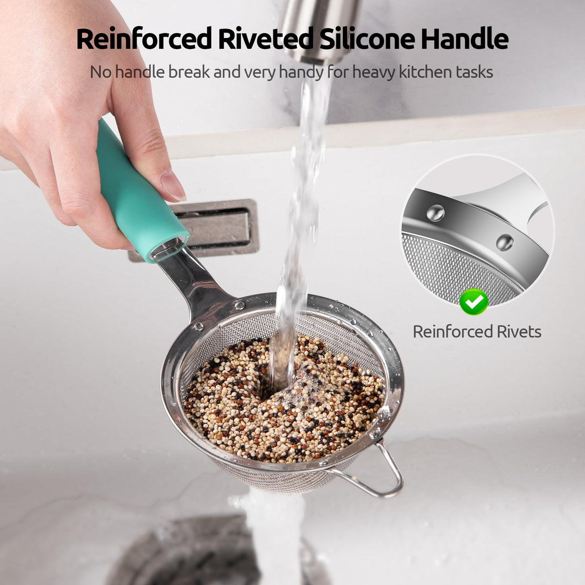 U-Taste riveted handle provides durable grip during heavy straining